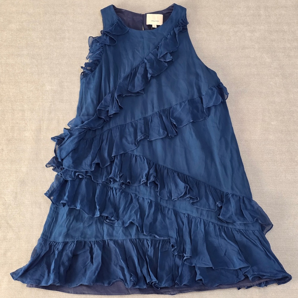 Cinq a Sept Ruffle Tiered Dress Women 8 Navy Blue Silk Georgette Sleeveless